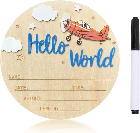 Baby Announcement Sign, 5.9 Inch Wooden Hello World Newborn Sign,Welcome Baby Signs,Birth Announcement Signs,Newborn Name Personalized for Photo Prop Vintage Airplane Design Hospital Nursery (Deep Blue) in Saudi Arabia