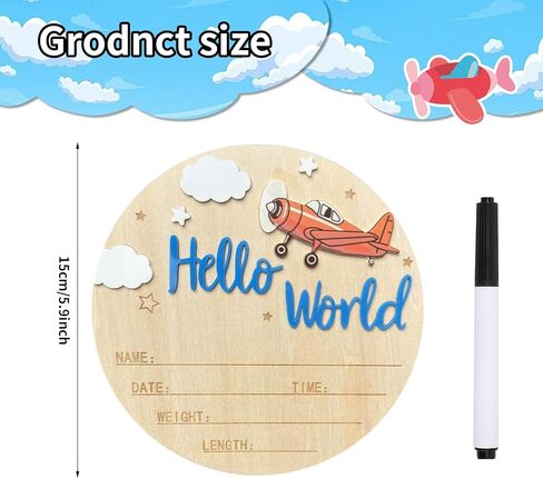 Baby Announcement Sign, 5.9 Inch Wooden Hello World Newborn Sign,Welcome Baby Signs,Birth Announcement Signs,Newborn Name Personalized for Photo Prop Vintage Airplane Design Hospital Nursery (Deep Blue) in Saudi Arabia
