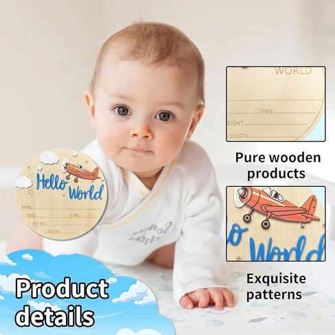 Baby Announcement Sign, 5.9 Inch Wooden Hello World Newborn Sign,Welcome Baby Signs,Birth Announcement Signs,Newborn Name Personalized for Photo Prop Vintage Airplane Design Hospital Nursery (Deep Blue) in Saudi Arabia