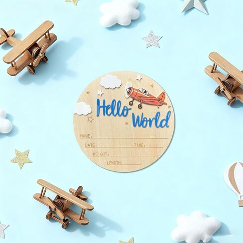 Baby Announcement Sign, 5.9 Inch Wooden Hello World Newborn Sign,Welcome Baby Signs,Birth Announcement Signs,Newborn Name Personalized for Photo Prop Vintage Airplane Design Hospital Nursery (Deep Blue) in Saudi Arabia