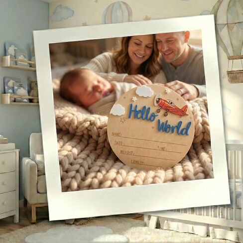 Baby Announcement Sign, 5.9 Inch Wooden Hello World Newborn Sign,Welcome Baby Signs,Birth Announcement Signs,Newborn Name Personalized for Photo Prop Vintage Airplane Design Hospital Nursery (Deep Blue) in Saudi Arabia