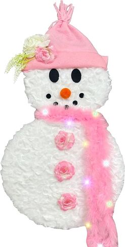 Christmas Decorations Snowman Pink Wreath for Front Door, Lighted Winter Christmas Pink Snowman Wreath, Xmas Door Hanging Sign Hanger for Window Wall Decorations Farmhouse Winter Home Decor in Saudi Arabia