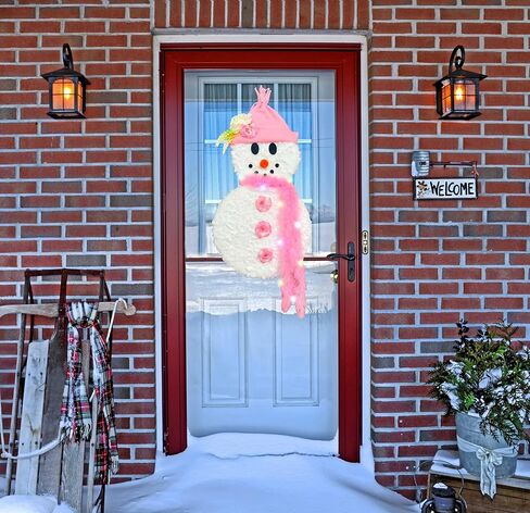 Christmas Decorations Snowman Pink Wreath for Front Door, Lighted Winter Christmas Pink Snowman Wreath, Xmas Door Hanging Sign Hanger for Window Wall Decorations Farmhouse Winter Home Decor in Saudi Arabia