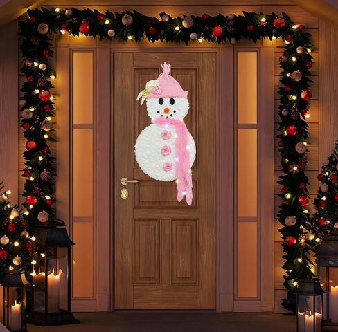 Christmas Decorations Snowman Pink Wreath for Front Door, Lighted Winter Christmas Pink Snowman Wreath, Xmas Door Hanging Sign Hanger for Window Wall Decorations Farmhouse Winter Home Decor in Saudi Arabia