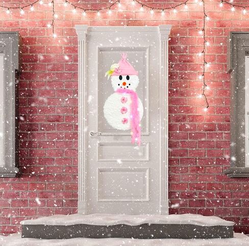 Christmas Decorations Snowman Pink Wreath for Front Door, Lighted Winter Christmas Pink Snowman Wreath, Xmas Door Hanging Sign Hanger for Window Wall Decorations Farmhouse Winter Home Decor in Saudi Arabia