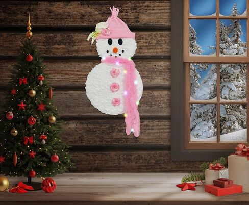 Christmas Decorations Snowman Pink Wreath for Front Door, Lighted Winter Christmas Pink Snowman Wreath, Xmas Door Hanging Sign Hanger for Window Wall Decorations Farmhouse Winter Home Decor in Saudi Arabia