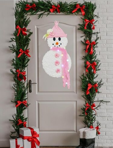 Christmas Decorations Snowman Pink Wreath for Front Door, Lighted Winter Christmas Pink Snowman Wreath, Xmas Door Hanging Sign Hanger for Window Wall Decorations Farmhouse Winter Home Decor in Saudi Arabia