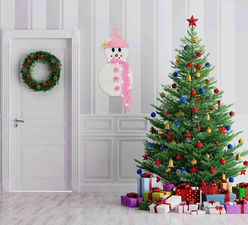 Christmas Decorations Snowman Pink Wreath for Front Door, Lighted Winter Christmas Pink Snowman Wreath, Xmas Door Hanging Sign Hanger for Window Wall Decorations Farmhouse Winter Home Decor in Saudi Arabia
