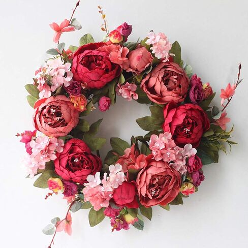 Artificial Peony Wreaths for Front Door 15inch Burgundy Peony Flower Wreath with Rose Green Leaves, Spring Summer Flower Door Wreath for Wall Wedding Party Home Farmhouse Decor in Saudi Arabia