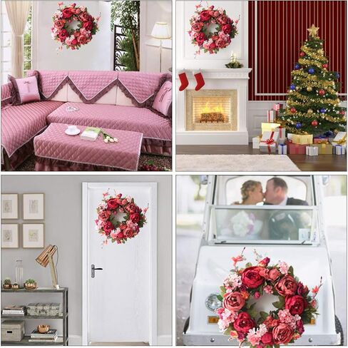 Artificial Peony Wreaths for Front Door 15inch Burgundy Peony Flower Wreath with Rose Green Leaves, Spring Summer Flower Door Wreath for Wall Wedding Party Home Farmhouse Decor in Saudi Arabia