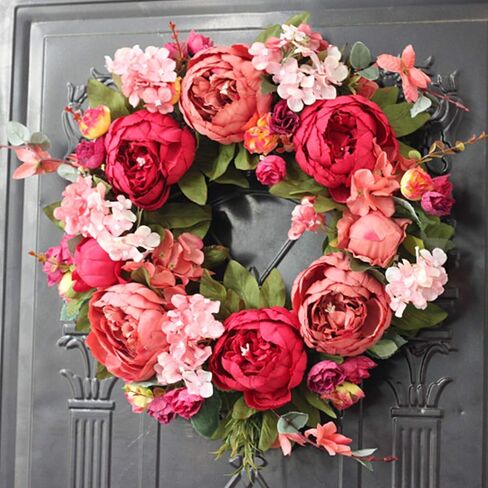 Artificial Peony Wreaths for Front Door 15inch Burgundy Peony Flower Wreath with Rose Green Leaves, Spring Summer Flower Door Wreath for Wall Wedding Party Home Farmhouse Decor in Saudi Arabia