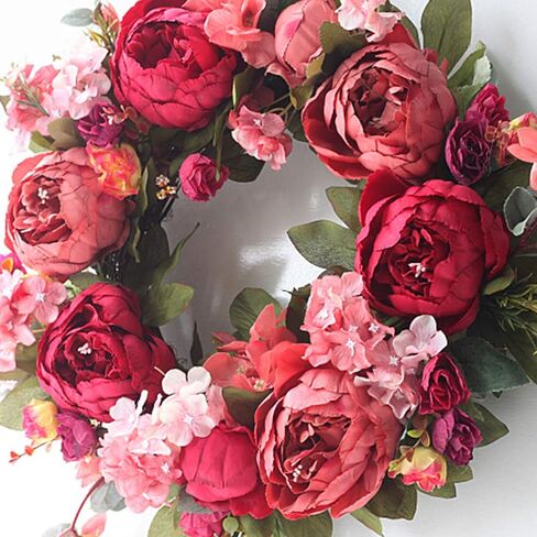 Artificial Peony Wreaths for Front Door 15inch Burgundy Peony Flower Wreath with Rose Green Leaves, Spring Summer Flower Door Wreath for Wall Wedding Party Home Farmhouse Decor in Saudi Arabia