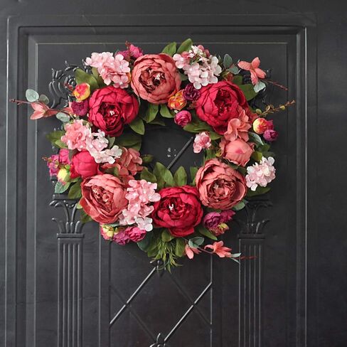 Artificial Peony Wreaths for Front Door 15inch Burgundy Peony Flower Wreath with Rose Green Leaves, Spring Summer Flower Door Wreath for Wall Wedding Party Home Farmhouse Decor in Saudi Arabia