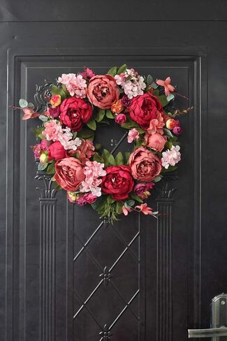 Artificial Peony Wreaths for Front Door 15inch Burgundy Peony Flower Wreath with Rose Green Leaves, Spring Summer Flower Door Wreath for Wall Wedding Party Home Farmhouse Decor in Saudi Arabia