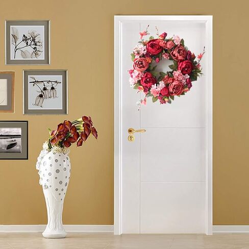 Artificial Peony Wreaths for Front Door 15inch Burgundy Peony Flower Wreath with Rose Green Leaves, Spring Summer Flower Door Wreath for Wall Wedding Party Home Farmhouse Decor in Saudi Arabia