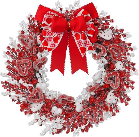 إكليل عيد الحب مقاس 22 بوصة مع قلوب وتوت حمراء وبيضاء، أكاليل عيد الحب الكبيرة للباب الأمامي، إكليل عيد الحب الرومانسي مع القوس لديكور المنزل in Kuwait