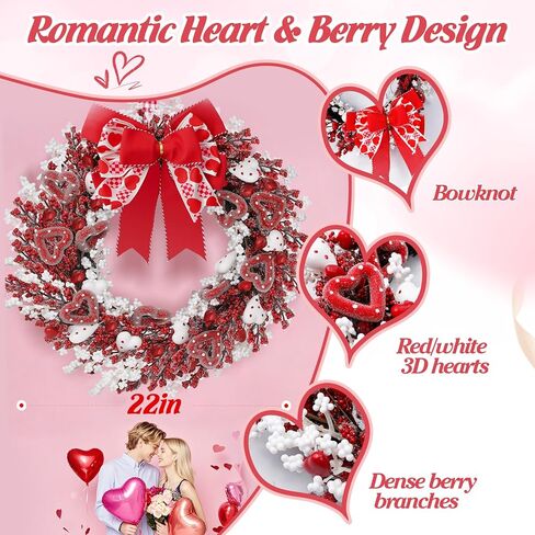 22" Valentine’s Day Wreath with Red & White Hearts and Berries, Large Valentine Wreaths for Front Door, Romantic Valentines Wreath with Bow for Home Decor in Saudi Arabia