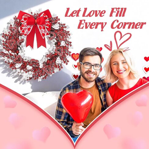 22" Valentine’s Day Wreath with Red & White Hearts and Berries, Large Valentine Wreaths for Front Door, Romantic Valentines Wreath with Bow for Home Decor in Saudi Arabia