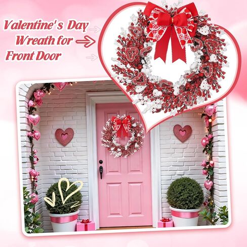 22" Valentine’s Day Wreath with Red & White Hearts and Berries, Large Valentine Wreaths for Front Door, Romantic Valentines Wreath with Bow for Home Decor in Saudi Arabia
