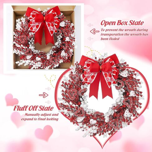 22" Valentine’s Day Wreath with Red & White Hearts and Berries, Large Valentine Wreaths for Front Door, Romantic Valentines Wreath with Bow for Home Decor in Saudi Arabia