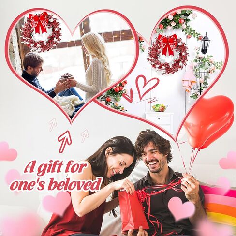22" Valentine’s Day Wreath with Red & White Hearts and Berries, Large Valentine Wreaths for Front Door, Romantic Valentines Wreath with Bow for Home Decor in Saudi Arabia