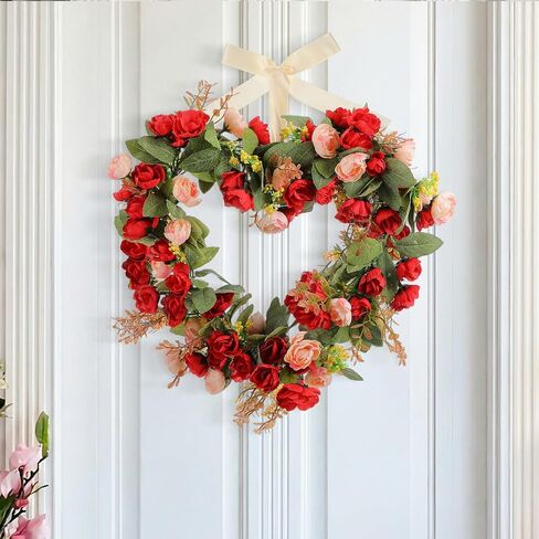 17.7 Inches Heart Rose Wreath Pink Floral Valentine Wreath with Ribbons Artificial Rose Wreaths for Christmas Party Gifts Front Door Valentine's Day Wedding Decoration in Saudi Arabia