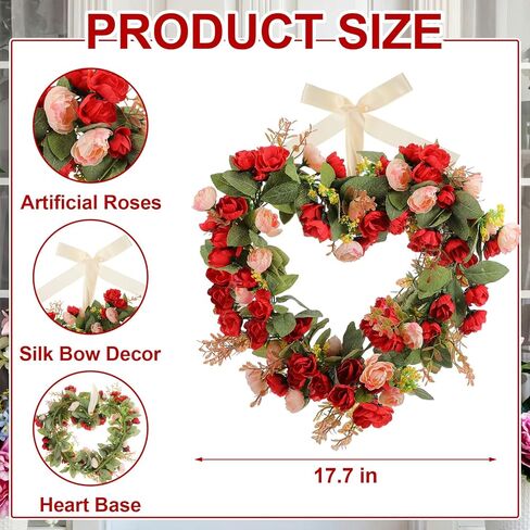 17.7 Inches Heart Rose Wreath Pink Floral Valentine Wreath with Ribbons Artificial Rose Wreaths for Christmas Party Gifts Front Door Valentine's Day Wedding Decoration in Saudi Arabia