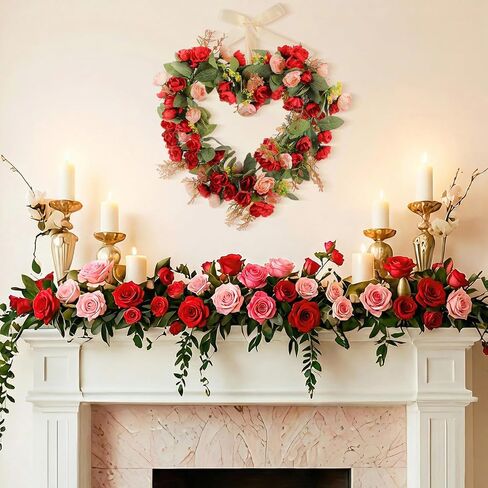 17.7 Inches Heart Rose Wreath Pink Floral Valentine Wreath with Ribbons Artificial Rose Wreaths for Christmas Party Gifts Front Door Valentine's Day Wedding Decoration in Saudi Arabia