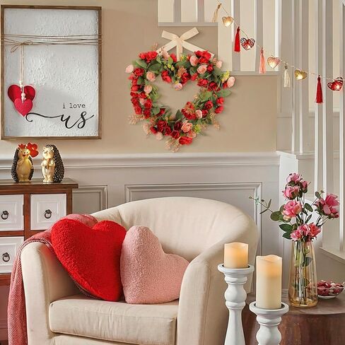 17.7 Inches Heart Rose Wreath Pink Floral Valentine Wreath with Ribbons Artificial Rose Wreaths for Christmas Party Gifts Front Door Valentine's Day Wedding Decoration in Saudi Arabia