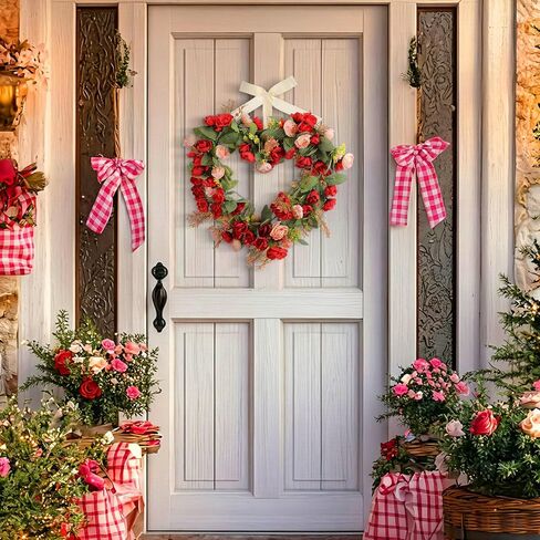 17.7 Inches Heart Rose Wreath Pink Floral Valentine Wreath with Ribbons Artificial Rose Wreaths for Christmas Party Gifts Front Door Valentine's Day Wedding Decoration in Saudi Arabia