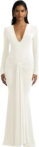Women's V Neck Mermaid Prom Dresses with Tie 2026 Long Sleeve Pleated Silk Formal Evening Gowns in Saudi Arabia