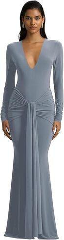 Women's V Neck Mermaid Prom Dresses with Tie 2026 Long Sleeve Pleated Silk Formal Evening Gowns in Saudi Arabia