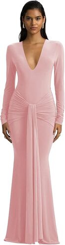 Women's V Neck Mermaid Prom Dresses with Tie 2026 Long Sleeve Pleated Silk Formal Evening Gowns in Saudi Arabia