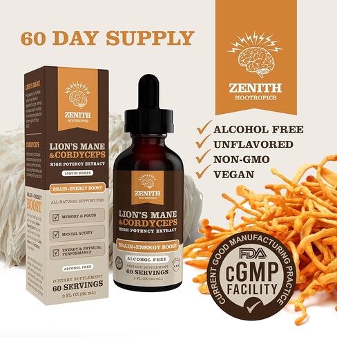 Lion’s Mane & Cordyceps Supplement – Brain & Energy Support – Focus, Memory, Clarity, Immunity – Vegan, Alcohol-Free Tincture – Up-to 2-Month Supply, 2 fl oz in Saudi Arabia