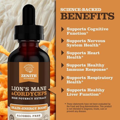 Lion’s Mane & Cordyceps Supplement – Brain & Energy Support – Focus, Memory, Clarity, Immunity – Vegan, Alcohol-Free Tincture – Up-to 2-Month Supply, 2 fl oz in Saudi Arabia