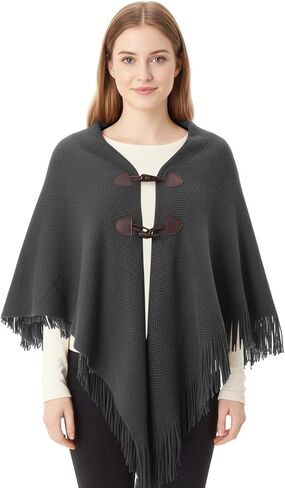 Women Ponchos Sweater Solid Knit Versatile Lightweight Shawl Wrap Horn Button Scarf Cape Poncho Accessories(Gray) in Saudi Arabia