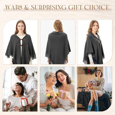 Women Ponchos Sweater Solid Knit Versatile Lightweight Shawl Wrap Horn Button Scarf Cape Poncho Accessories(Gray) in Saudi Arabia