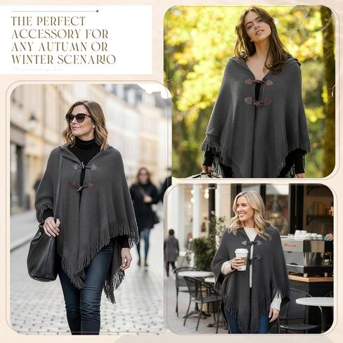 Women Ponchos Sweater Solid Knit Versatile Lightweight Shawl Wrap Horn Button Scarf Cape Poncho Accessories(Gray) in Saudi Arabia