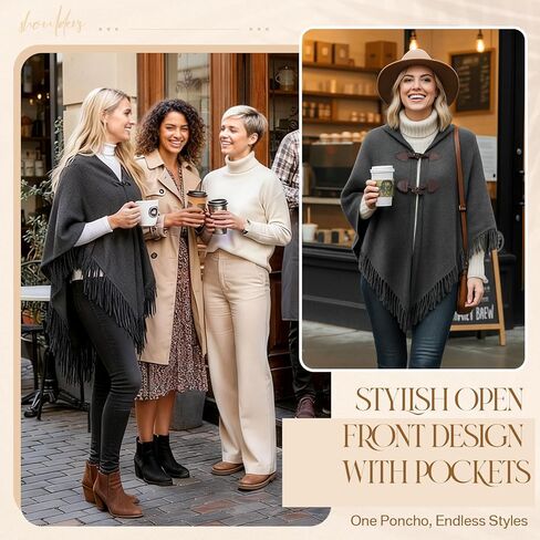 Women Ponchos Sweater Solid Knit Versatile Lightweight Shawl Wrap Horn Button Scarf Cape Poncho Accessories(Gray) in Saudi Arabia