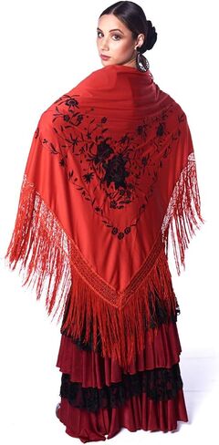 Flamenco triangle red shawl with fringes. Embroidered on one side red roses. Large size 75X35inch in Saudi Arabia