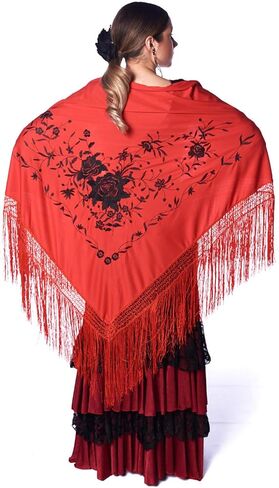 Flamenco triangle red shawl with fringes. Embroidered on one side red roses. Large size 75X35inch in Saudi Arabia