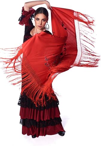 Flamenco triangle red shawl with fringes. Embroidered on one side red roses. Large size 75X35inch in Saudi Arabia
