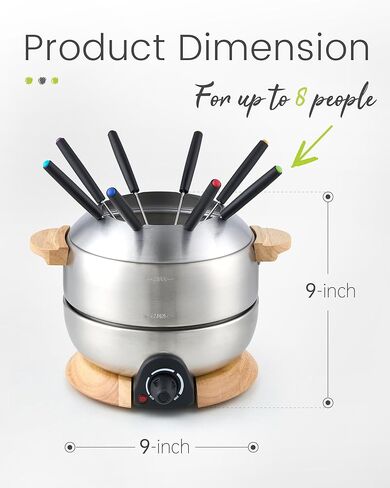 Sanenchue Fondue Pot, 6-Cup Electric Fondue Pot Set for Cheese & Chocolate, 8 Color-Coded Forks, Temperature Control, Stainless Steel Pot Set, Solid Wood Base and Handle, FD-24 in Saudi Arabia