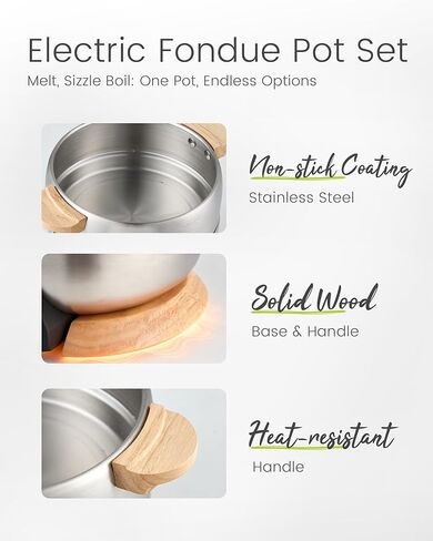 Sanenchue Fondue Pot, 6-Cup Electric Fondue Pot Set for Cheese & Chocolate, 8 Color-Coded Forks, Temperature Control, Stainless Steel Pot Set, Solid Wood Base and Handle, FD-24 in Saudi Arabia