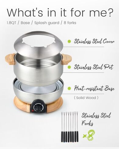 Sanenchue Fondue Pot, 6-Cup Electric Fondue Pot Set for Cheese & Chocolate, 8 Color-Coded Forks, Temperature Control, Stainless Steel Pot Set, Solid Wood Base and Handle, FD-24 in Saudi Arabia