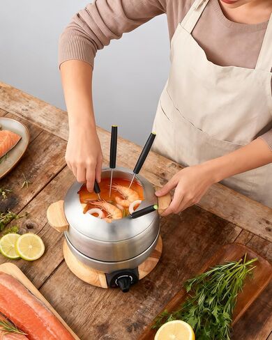 Sanenchue Fondue Pot, 6-Cup Electric Fondue Pot Set for Cheese & Chocolate, 8 Color-Coded Forks, Temperature Control, Stainless Steel Pot Set, Solid Wood Base and Handle, FD-24 in Saudi Arabia