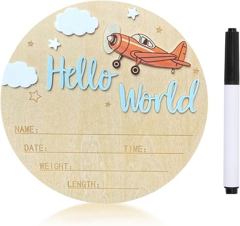 Baby Announcement Sign, 5.9 Inch Wooden Hello World Newborn Sign,Welcome Baby Signs,Birth Announcement Signs,Newborn Name Personalized for Photo Prop Vintage Airplane Design Hospital Nursery (Deep Blue) in Saudi Arabia