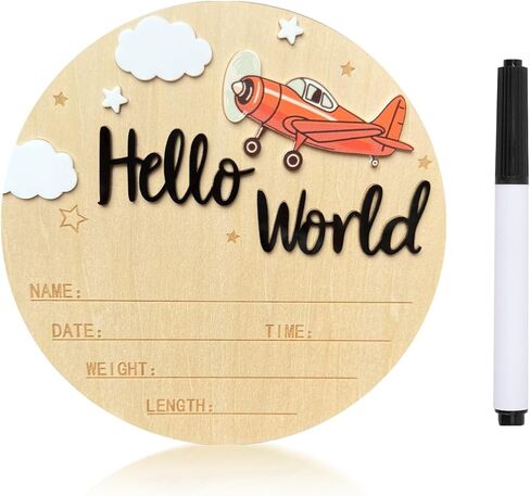 Baby Announcement Sign, 5.9 Inch Wooden Hello World Newborn Sign,Welcome Baby Signs,Birth Announcement Signs,Newborn Name Personalized for Photo Prop Vintage Airplane Design Hospital Nursery (Deep Blue) in Saudi Arabia