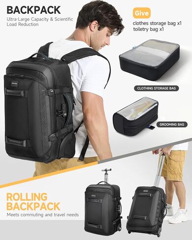 Backpack with wheels,Rolling laptop backpack with 2 Packing Cubes,Water-Resistant,Wheeled backpack Suitcase for Men Adults to Travel, Commuting,Black in Saudi Arabia