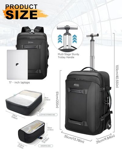 Backpack with wheels,Rolling laptop backpack with 2 Packing Cubes,Water-Resistant,Wheeled backpack Suitcase for Men Adults to Travel, Commuting,Black in Saudi Arabia